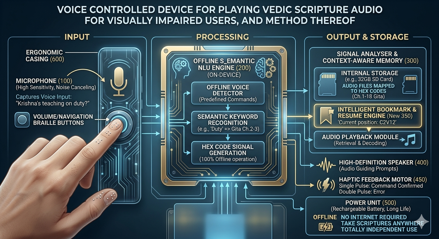Voice controlled Vedic scripture audio device for visually impaired users