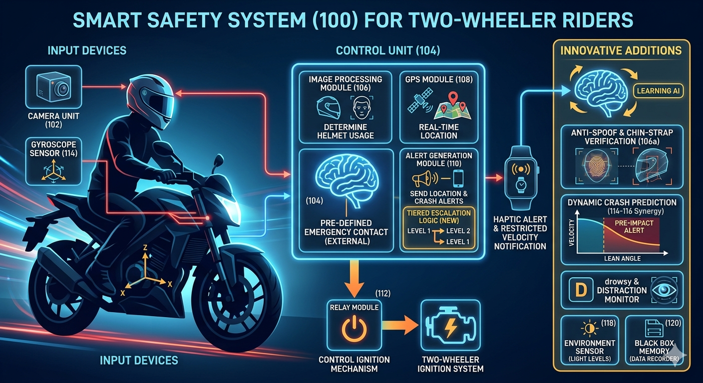Smart Safety System architecture diagram for two-wheeler riders